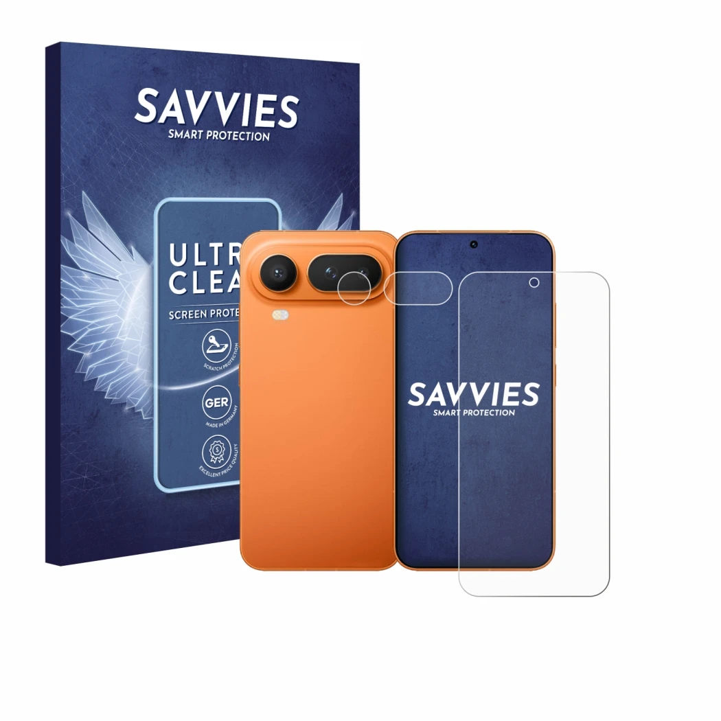Parte frontal de un envase de producto con el logotipo de la marca Savvies. Al lado se muestra el dispositivo Honor Magic 8 Pr