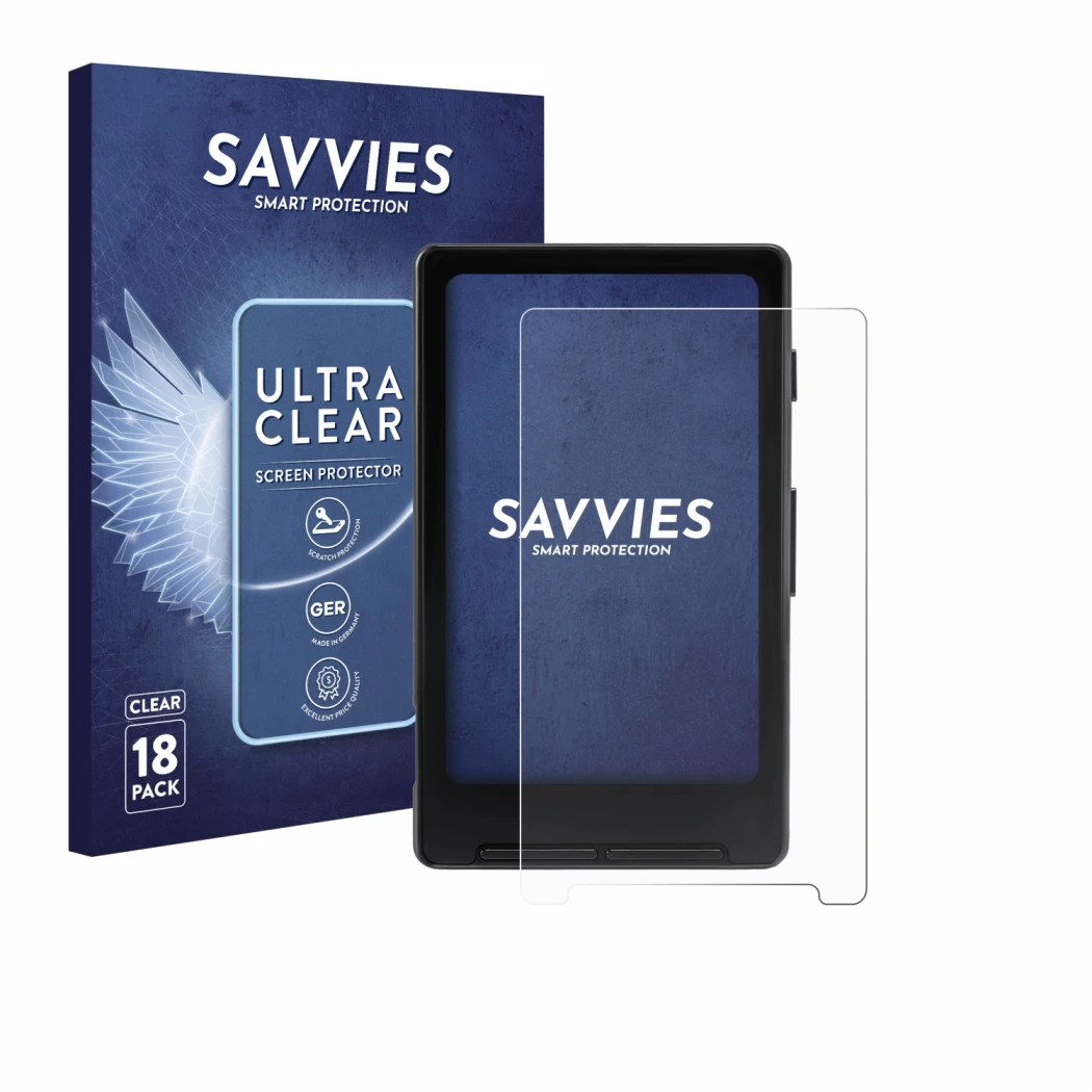 Parte frontal de un envase de producto con el logotipo de la marca Savvies. Al lado se muestra el dispositivo Xteink X4 con su