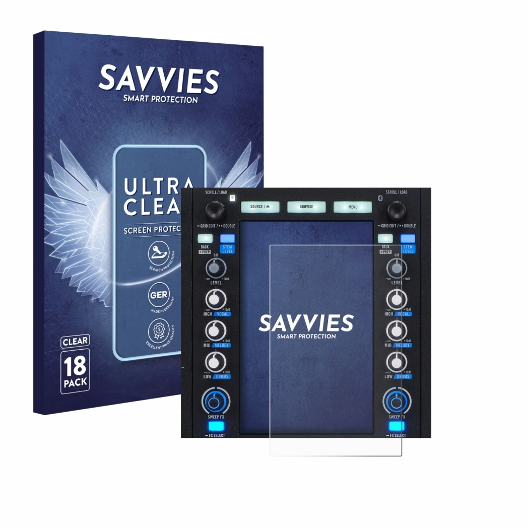 Parte frontal de un envase de producto con el logotipo de la marca Savvies. Al lado se muestra el dispositivo Rane System One 