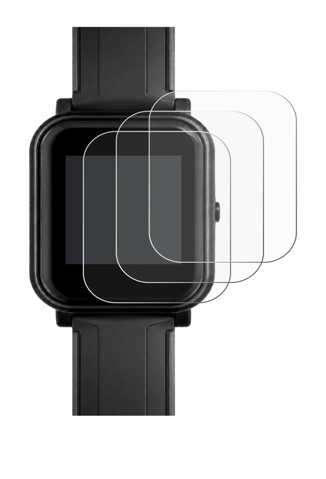 Imagen del dispositivo Bangle.js 2 con una amplia variedad de protectores de pantalla.