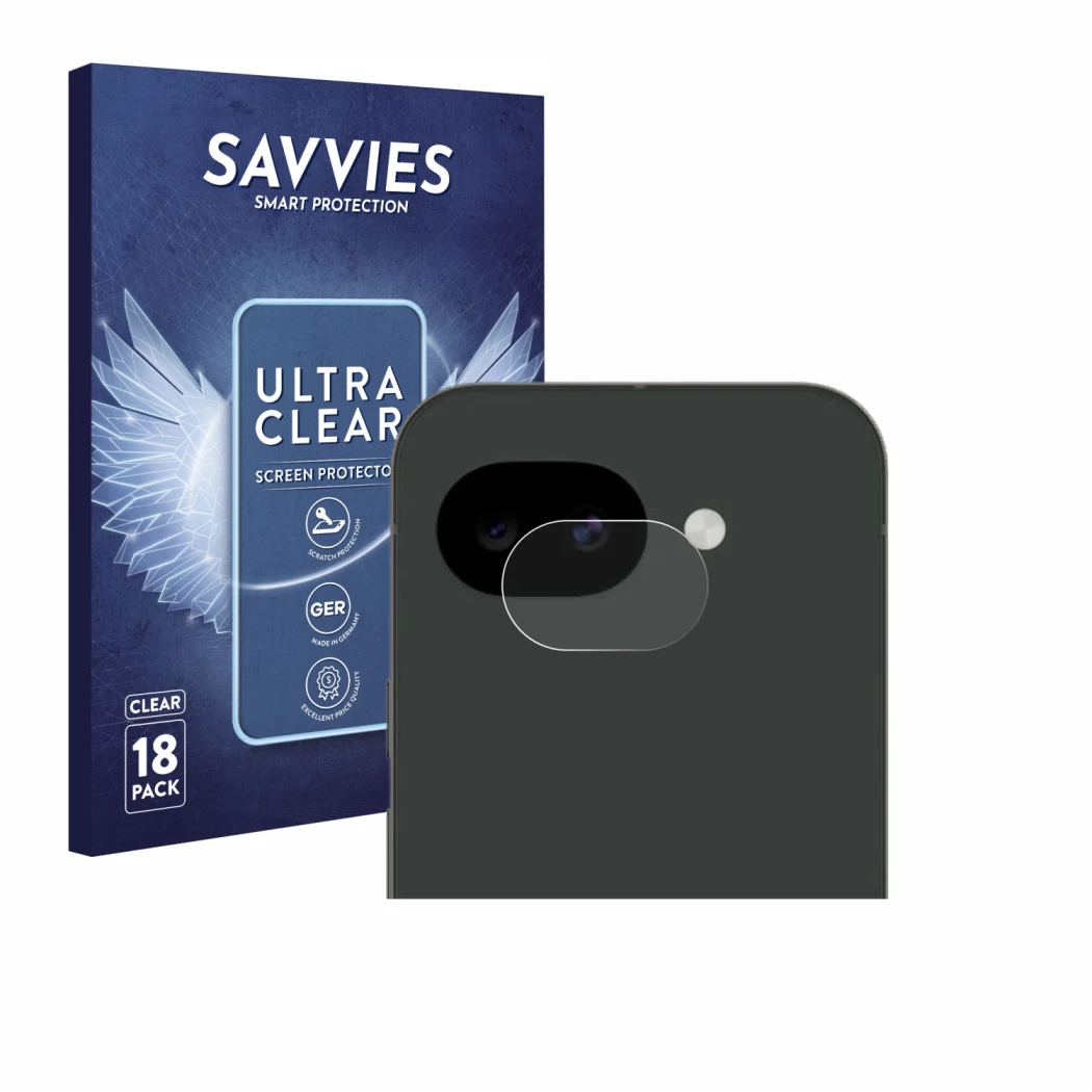 Parte frontal de un envase de producto con el logotipo de la marca Savvies. Al lado se muestra el dispositivo Google Pixel 10a