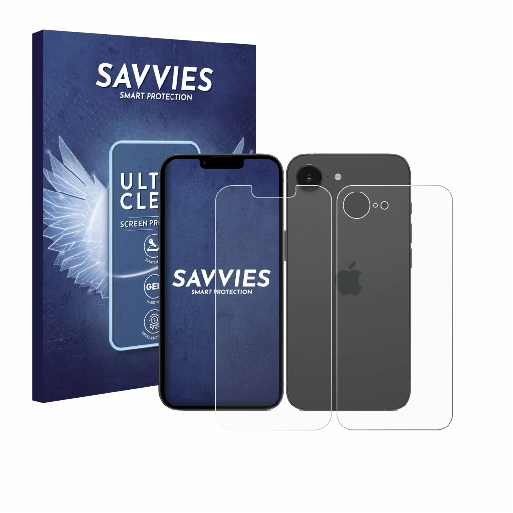 Parte frontal de un envase de producto con el logotipo de la marca Savvies. Al lado se muestra el dispositivo Apple iPhone 17e