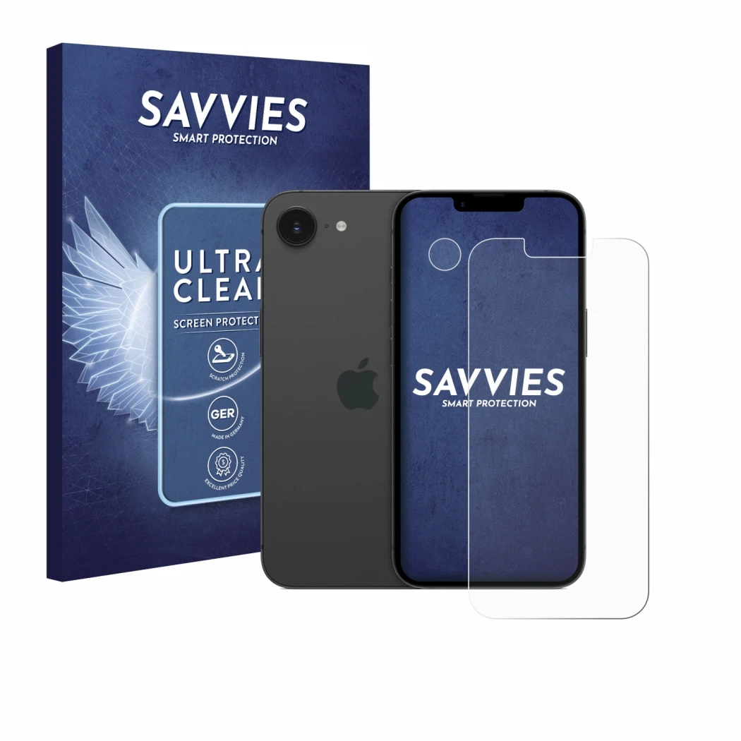 Parte frontal de un envase de producto con el logotipo de la marca Savvies. Al lado se muestra el dispositivo Apple iPhone 17e