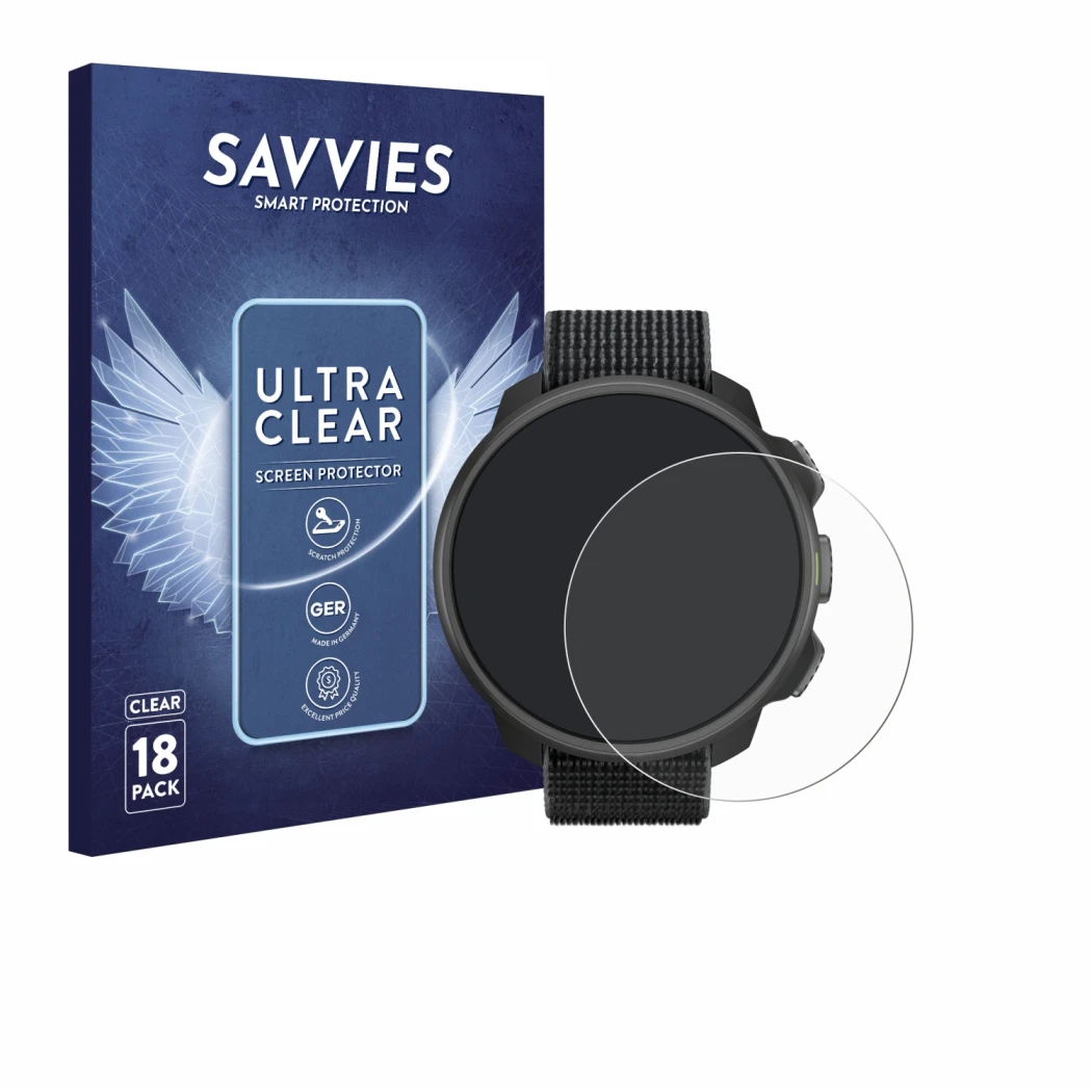 Parte frontal de un envase de producto con el logotipo de la marca Savvies. Al lado se muestra el dispositivo Suunto Nautic S 