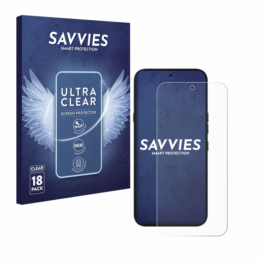Parte frontal de un envase de producto con el logotipo de la marca Savvies. Al lado se muestra el dispositivo Nothing Phone (4