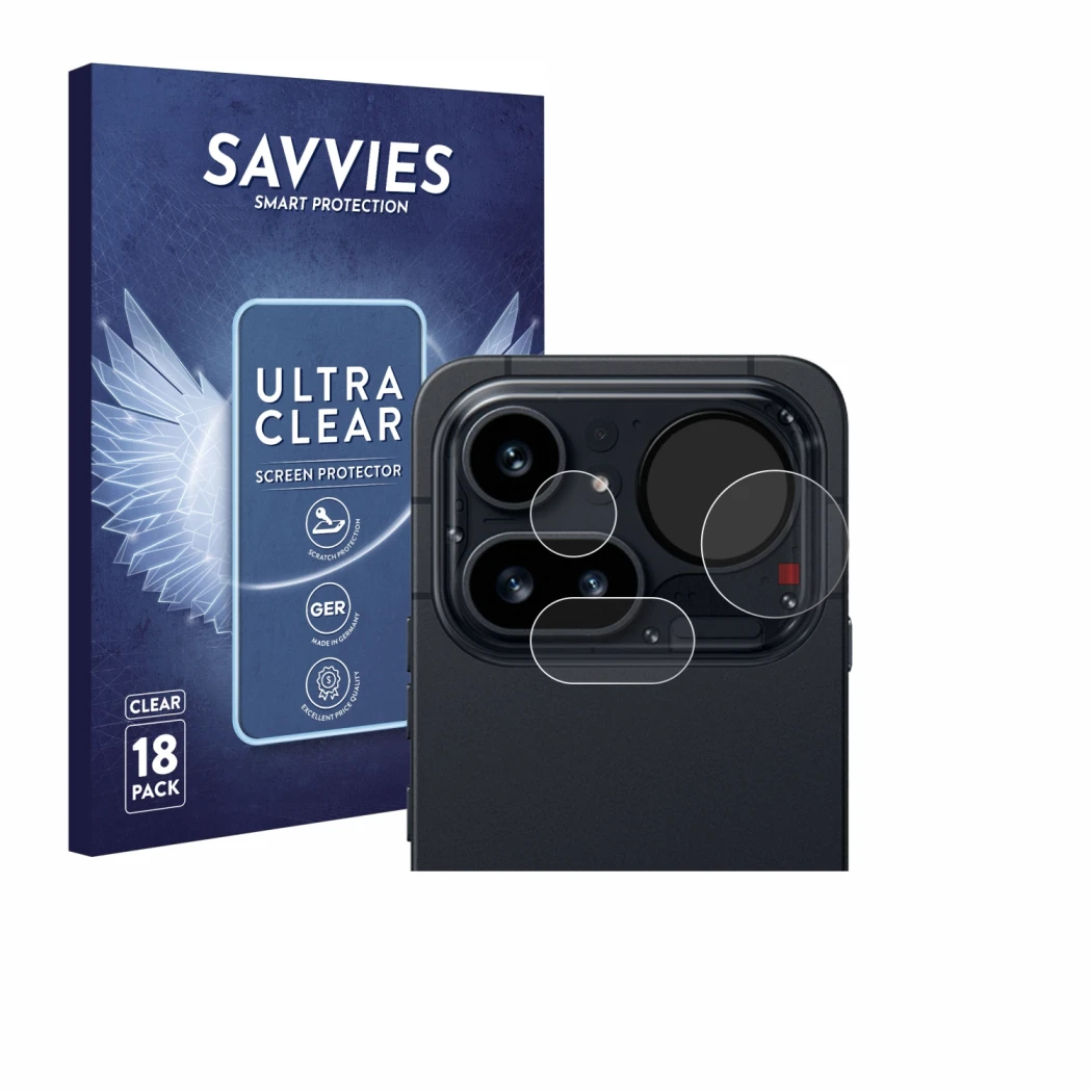 Parte frontal de un envase de producto con el logotipo de la marca Savvies. Al lado se muestra el dispositivo Nothing Phone (4