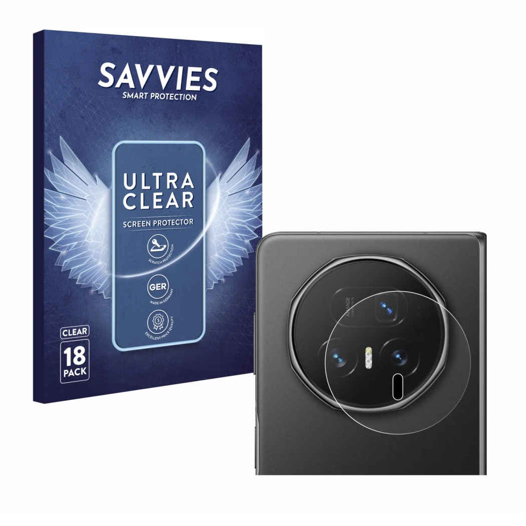 Parte frontal de un envase de producto con el logotipo de la marca Savvies. Al lado se muestra el dispositivo Honor Magic V5 (
