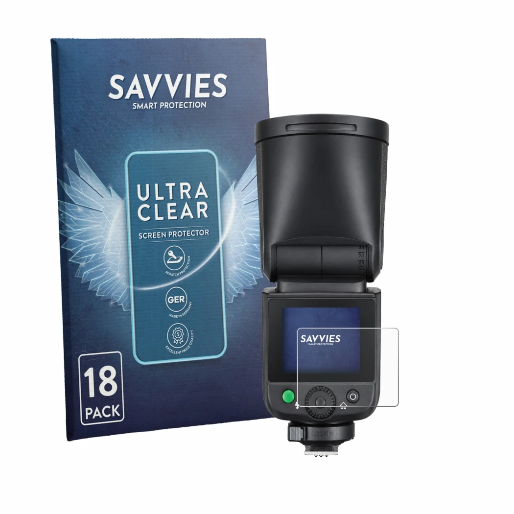 Parte frontal de un envase de producto con el logotipo de la marca Savvies. Al lado se muestra el dispositivo Godox V1 mid con