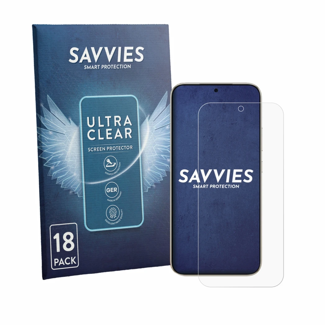 Parte frontal de un envase de producto con el logotipo de la marca Savvies. Al lado se muestra el dispositivo Honor X80 Pro Ma