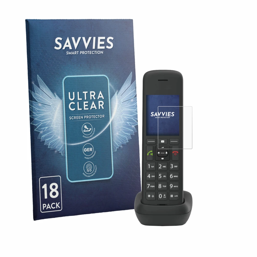 Parte frontal de un envase de producto con el logotipo de la marca Savvies. Al lado se muestra el dispositivo Gigaset C575A co