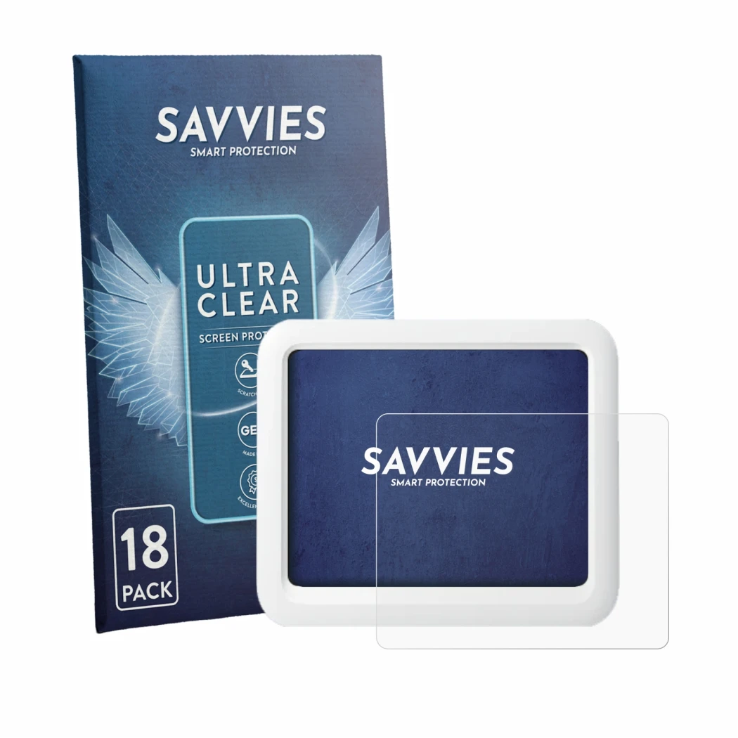 Parte frontal de un envase de producto con el logotipo de la marca Savvies. Al lado se muestra el dispositivo SwitchBot Meter 