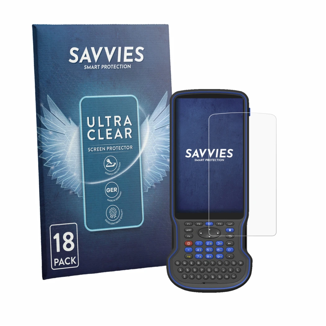 Parte frontal de un envase de producto con el logotipo de la marca Savvies. Al lado se muestra el dispositivo Stonex S55 Andro