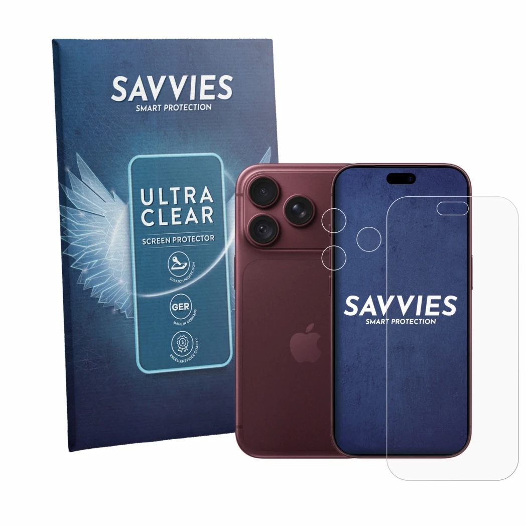Parte frontal de un envase de producto con el logotipo de la marca Savvies. Al lado se muestra el dispositivo Apple iPhone 18 