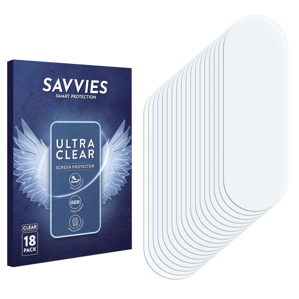 Parte frontal de un envase de producto con el logotipo de la marca Savvies. Al lado está el protector de pantalla correspondie