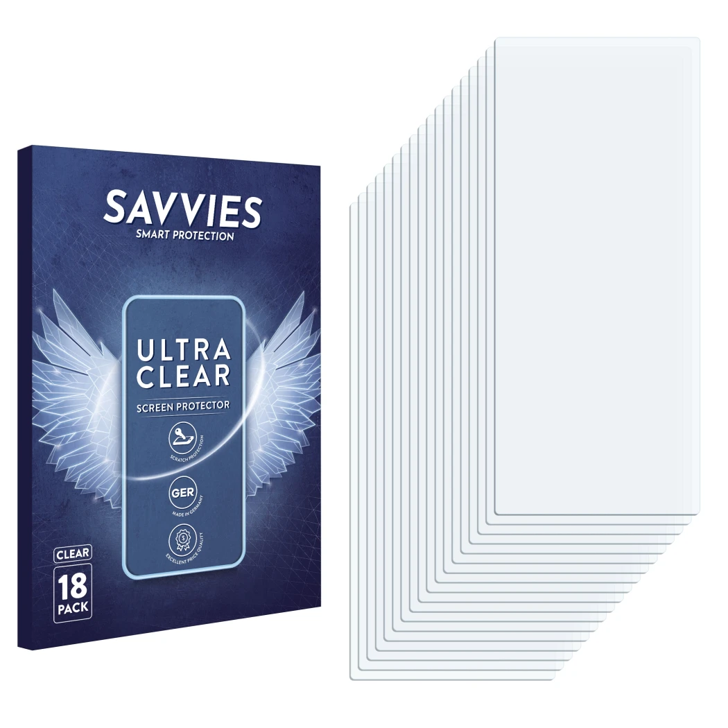 Parte frontal de un envase de producto con el logotipo de la marca Savvies. Al lado está el protector de pantalla correspondie