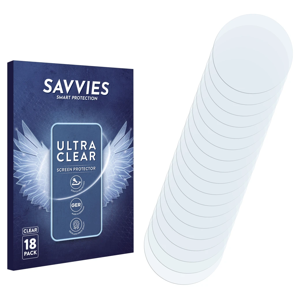 Parte frontal de un envase de producto con el logotipo de la marca Savvies. Al lado está el protector de pantalla correspondie