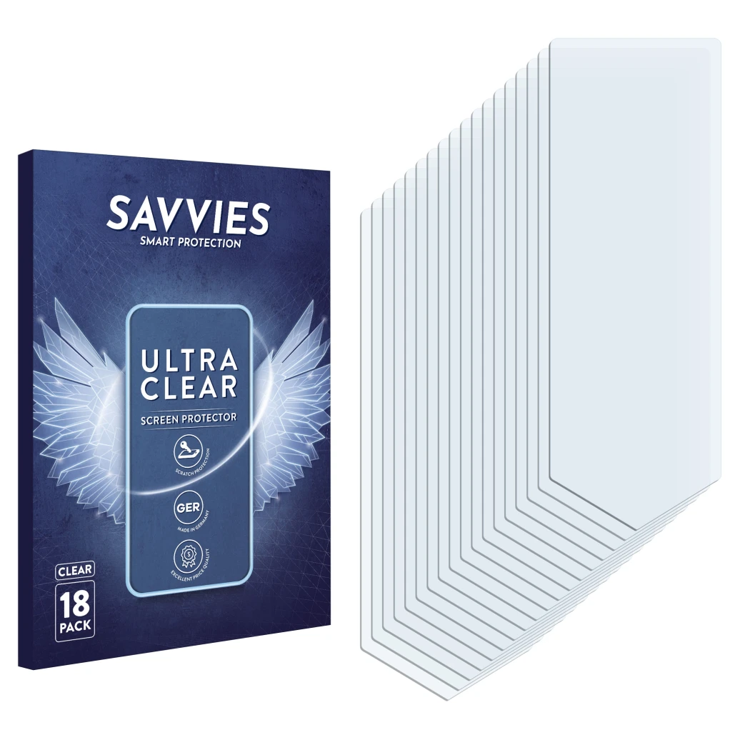 Parte frontal de un envase de producto con el logotipo de la marca Savvies. Al lado está el protector de pantalla correspondie