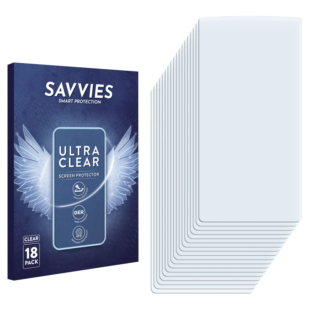 Parte frontal de un envase de producto con el logotipo de la marca Savvies. Al lado está el protector de pantalla correspondie
