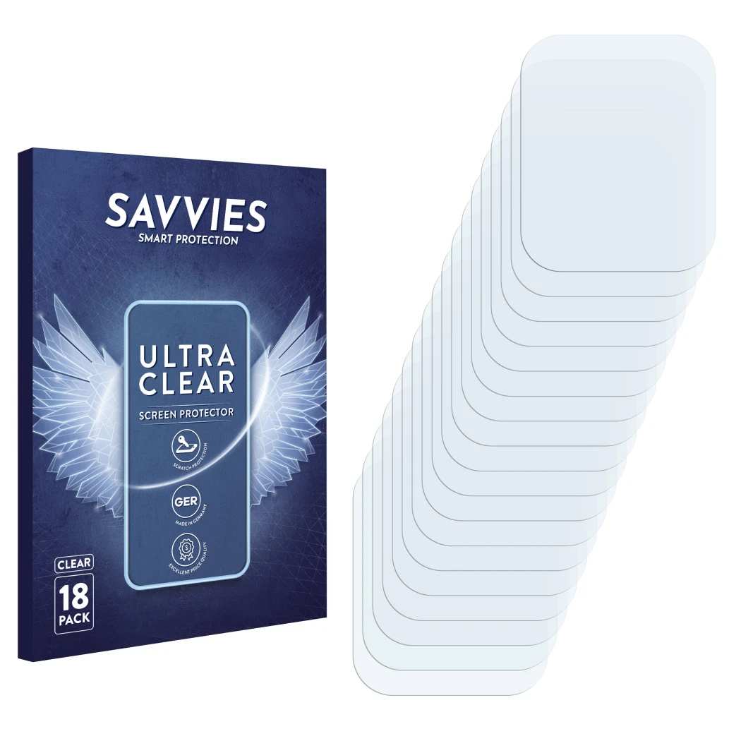 Parte frontal de un envase de producto con el logotipo de la marca Savvies. Al lado está el protector de pantalla correspondie
