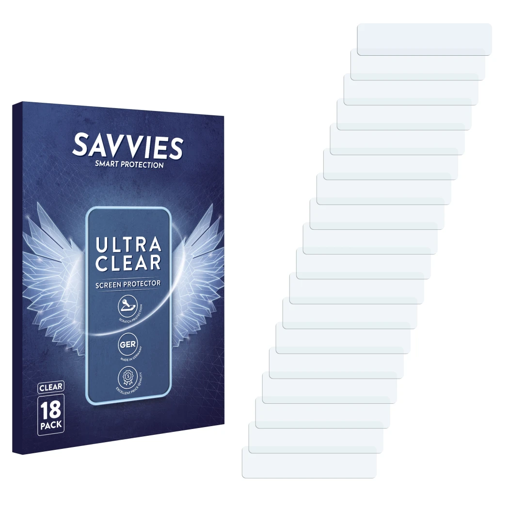 Parte frontal de un envase de producto con el logotipo de la marca Savvies. Al lado está el protector de pantalla correspondie