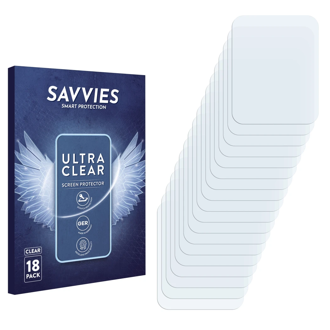 Parte frontal de un envase de producto con el logotipo de la marca Savvies. Al lado está el protector de pantalla correspondie