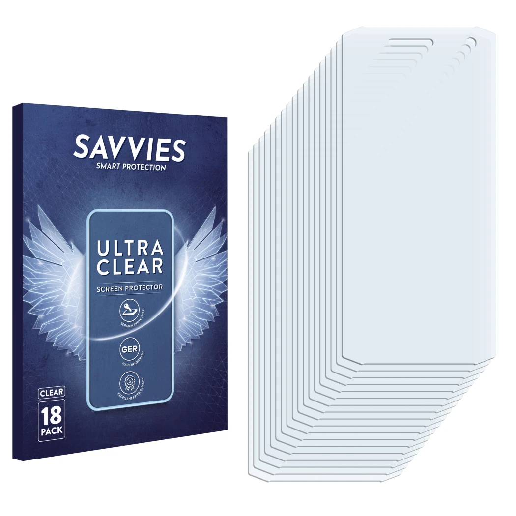 Parte frontal de un envase de producto con el logotipo de la marca Savvies. Al lado está el protector de pantalla correspondie