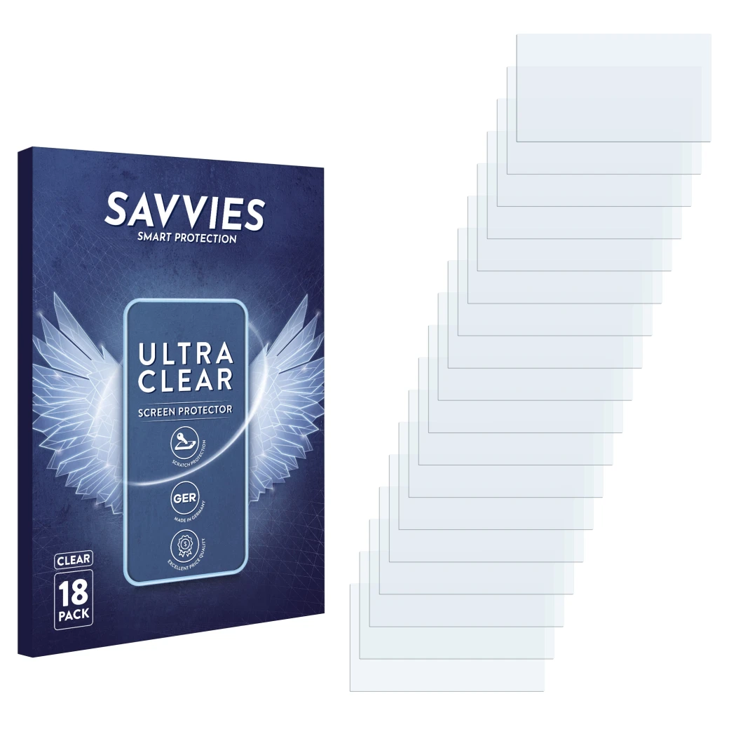 Parte frontal de un envase de producto con el logotipo de la marca Savvies. Al lado está el protector de pantalla correspondie