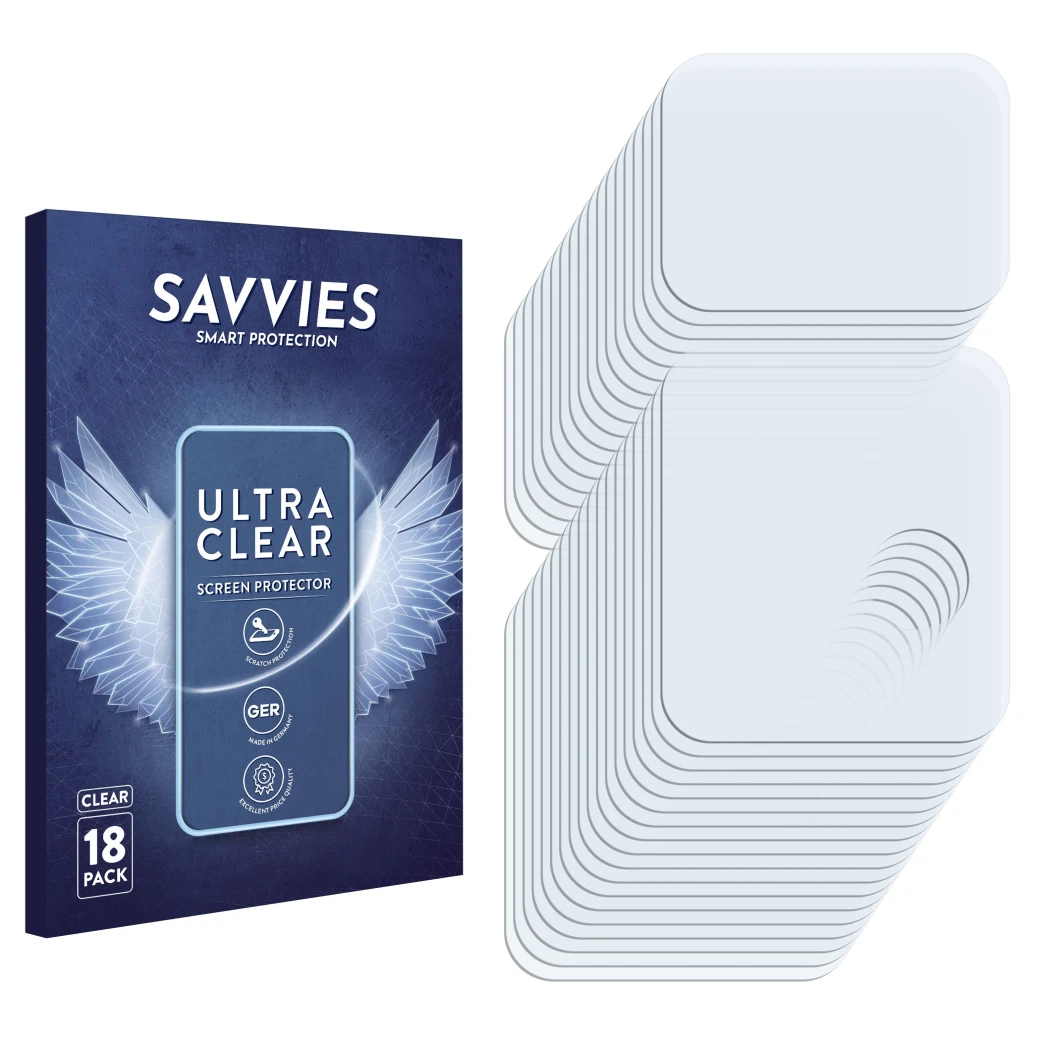 Parte frontal de un envase de producto con el logotipo de la marca Savvies. Al lado está el protector de pantalla correspondie