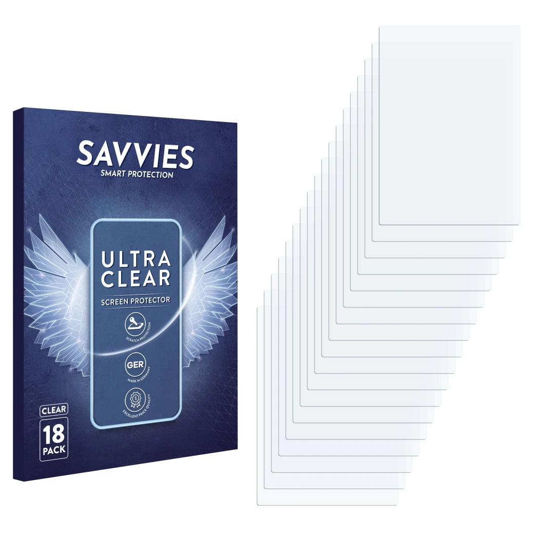 Parte frontal de un envase de producto con el logotipo de la marca Savvies. Al lado está el protector de pantalla correspondie