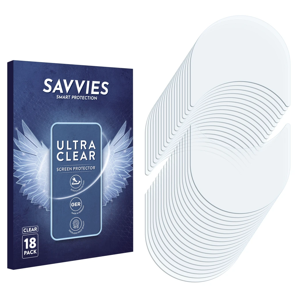 Parte frontal de un envase de producto con el logotipo de la marca Savvies. Al lado está el protector de pantalla correspondie