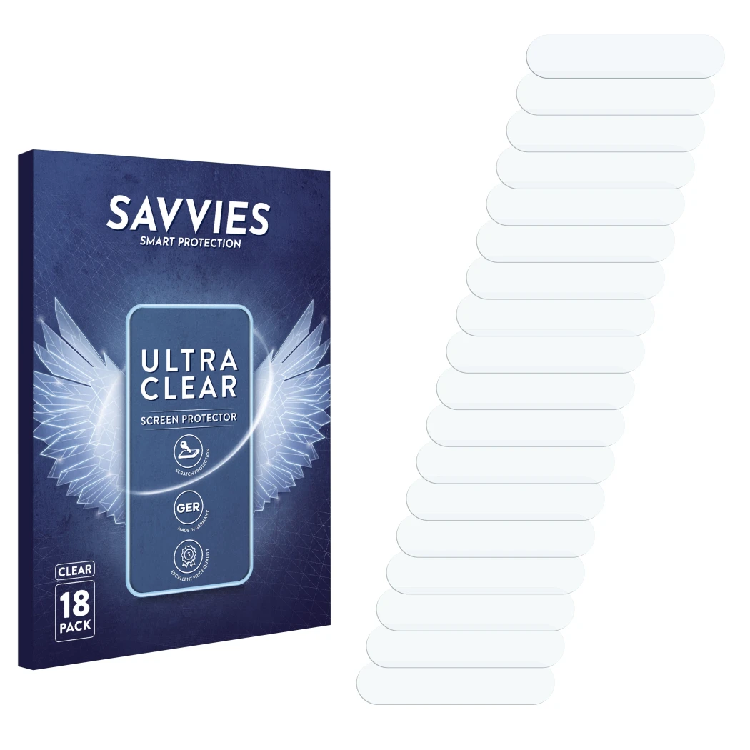 Parte frontal de un envase de producto con el logotipo de la marca Savvies. Al lado está el protector de pantalla correspondie