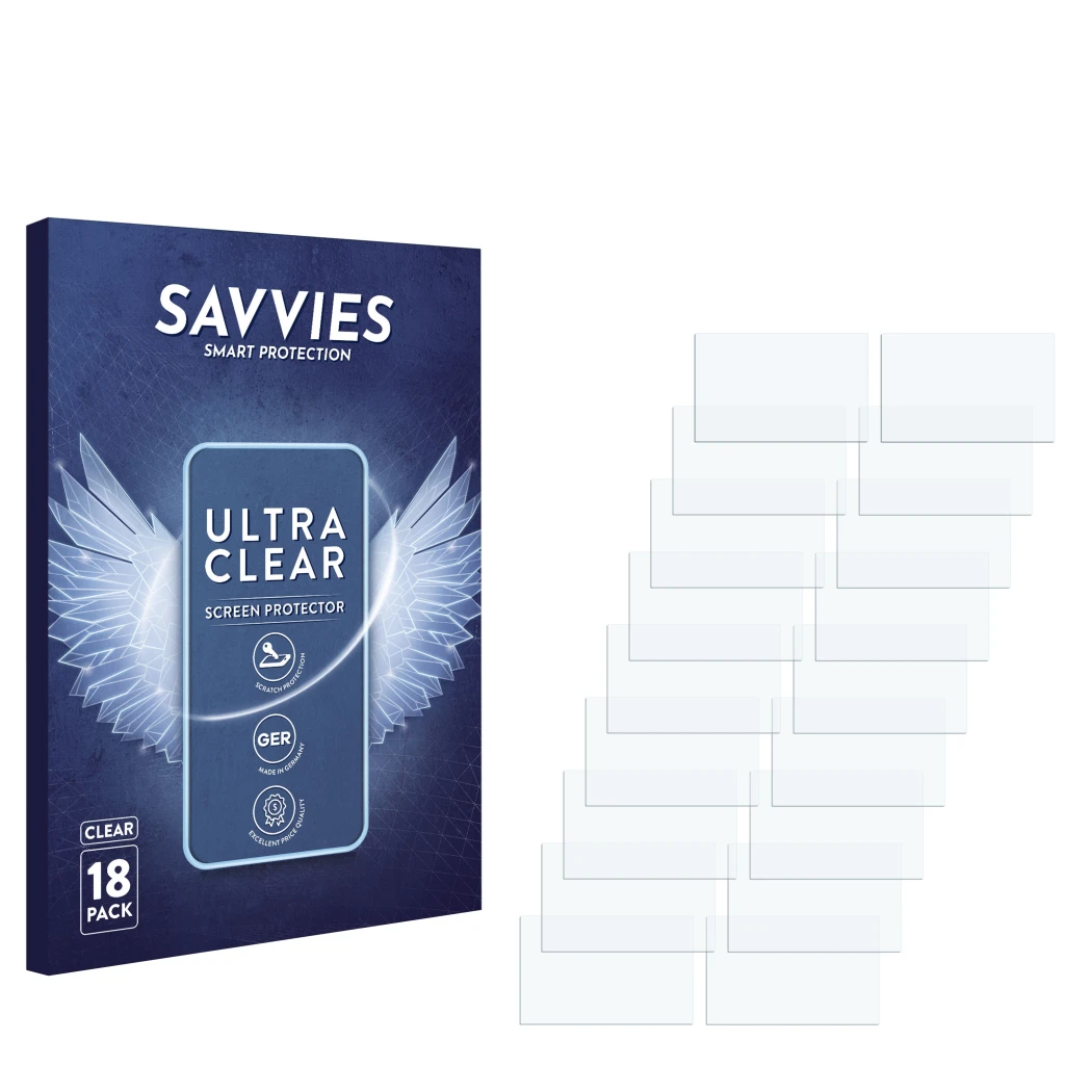 Parte frontal de un envase de producto con el logotipo de la marca Savvies. Al lado está el protector de pantalla correspondie