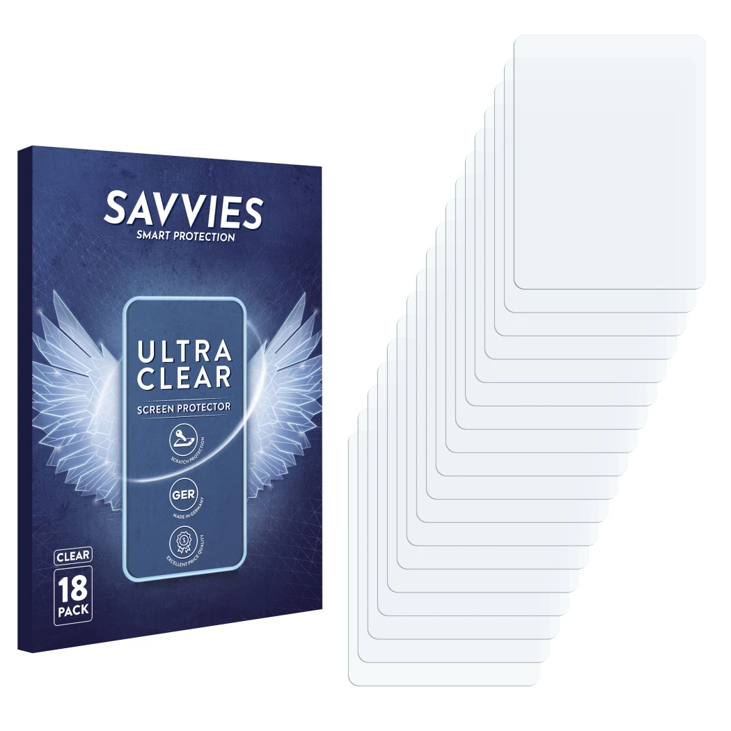 Parte frontal de un envase de producto con el logotipo de la marca Savvies. Al lado está el protector de pantalla correspondie