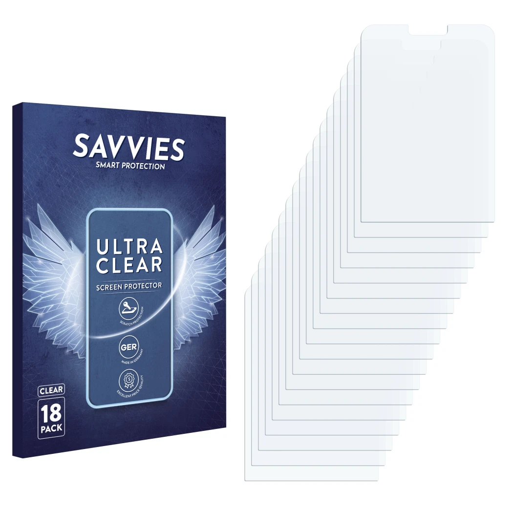 Parte frontal de un envase de producto con el logotipo de la marca Savvies. Al lado está el protector de pantalla correspondie