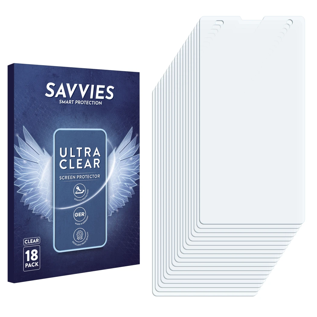 Parte frontal de un envase de producto con el logotipo de la marca Savvies. Al lado está el protector de pantalla correspondie