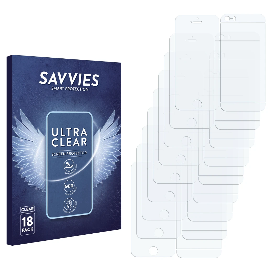 Parte frontal de un envase de producto con el logotipo de la marca Savvies. Al lado está el protector de pantalla correspondie
