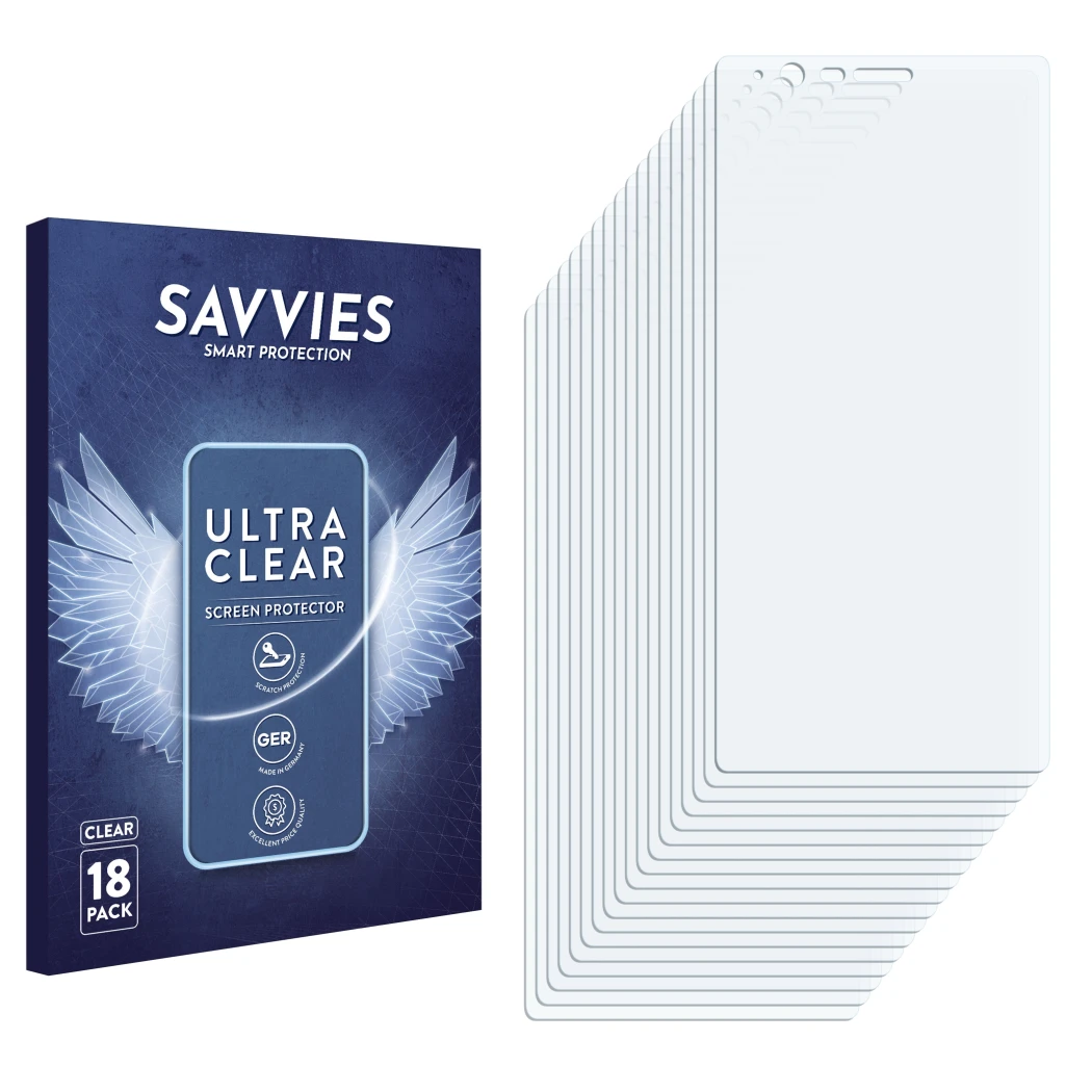 Parte frontal de un envase de producto con el logotipo de la marca Savvies. Al lado está el protector de pantalla correspondie