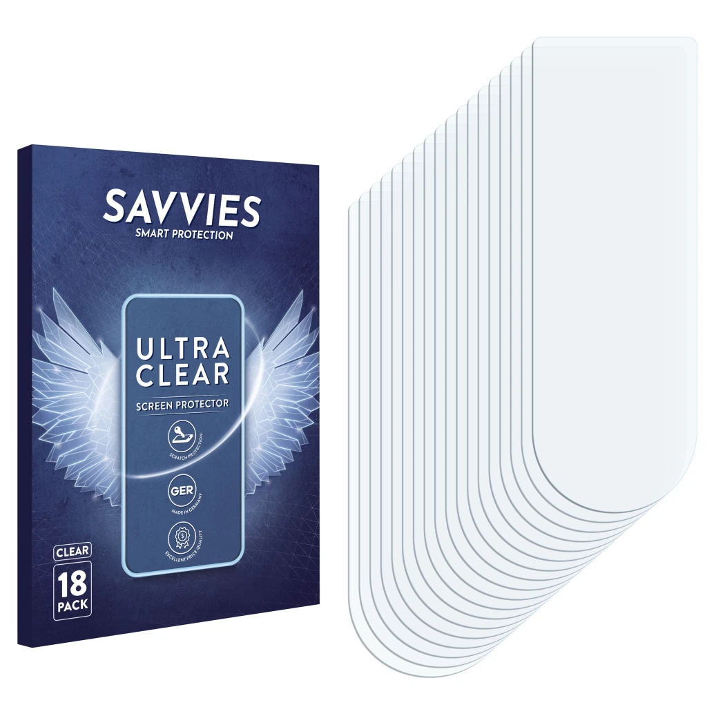 Parte frontal de un envase de producto con el logotipo de la marca Savvies. Al lado está el protector de pantalla correspondie