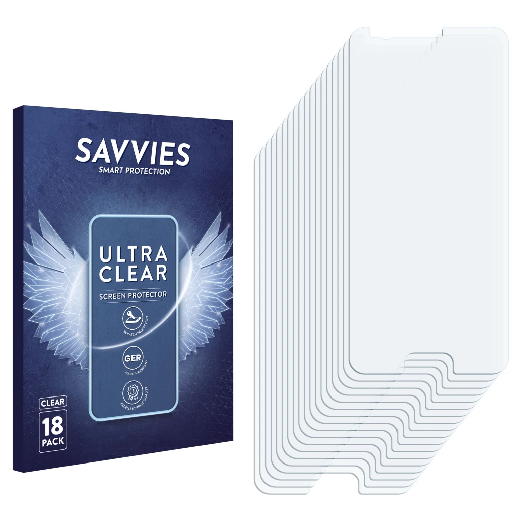 Parte frontal de un envase de producto con el logotipo de la marca Savvies. Al lado está el protector de pantalla correspondie