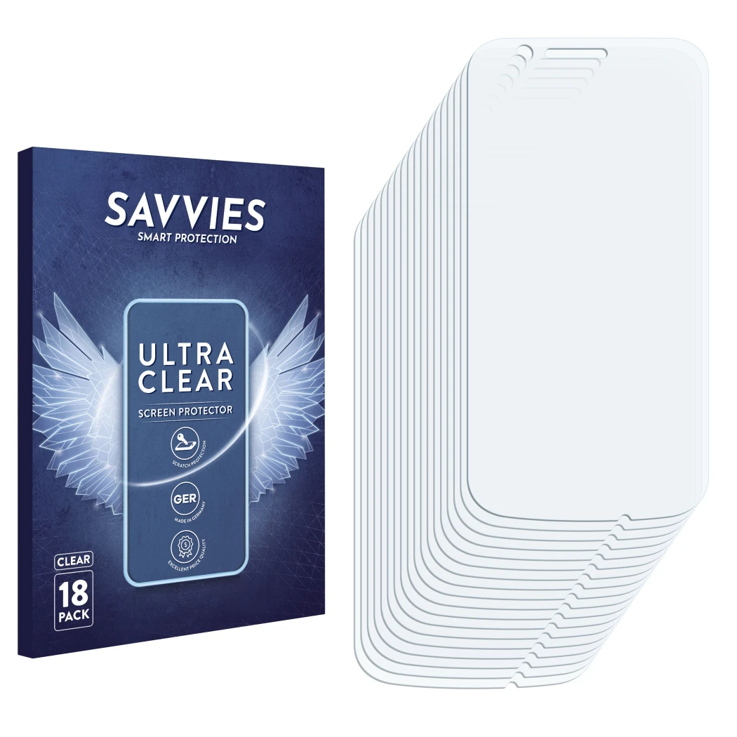 Parte frontal de un envase de producto con el logotipo de la marca Savvies. Al lado está el protector de pantalla correspondie