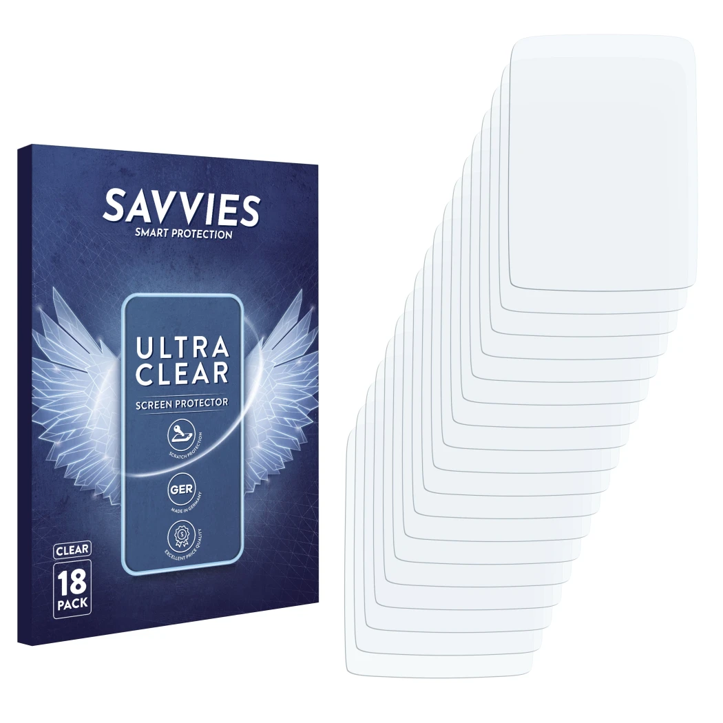 Parte frontal de un envase de producto con el logotipo de la marca Savvies. Al lado está el protector de pantalla correspondie
