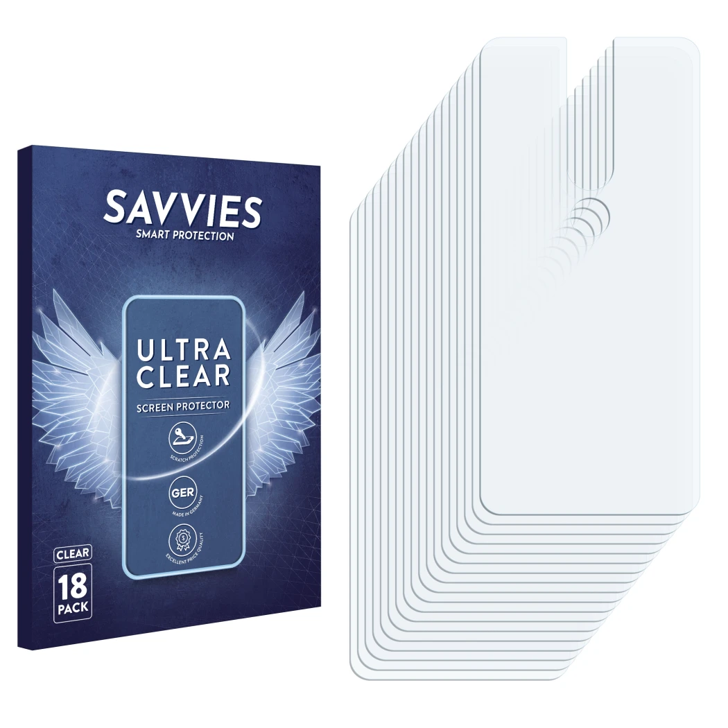 Parte frontal de un envase de producto con el logotipo de la marca Savvies. Al lado está el protector de pantalla correspondie