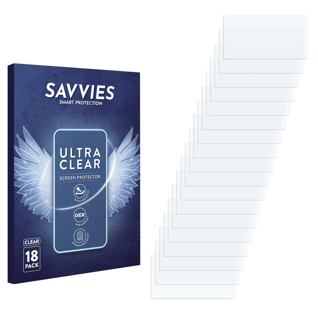 Parte frontal de un envase de producto con el logotipo de la marca Savvies. Al lado está el protector de pantalla correspondie