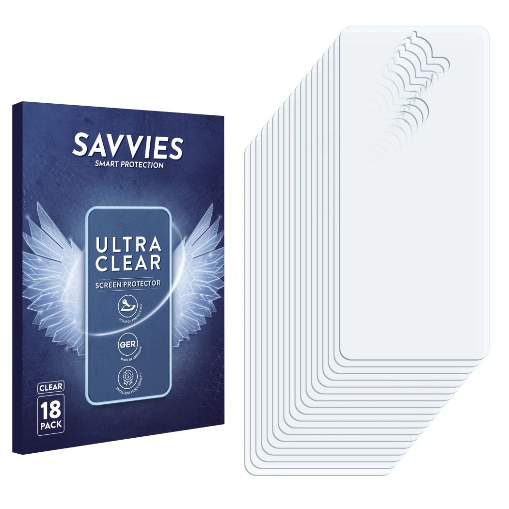 Parte frontal de un envase de producto con el logotipo de la marca Savvies. Al lado está el protector de pantalla correspondie