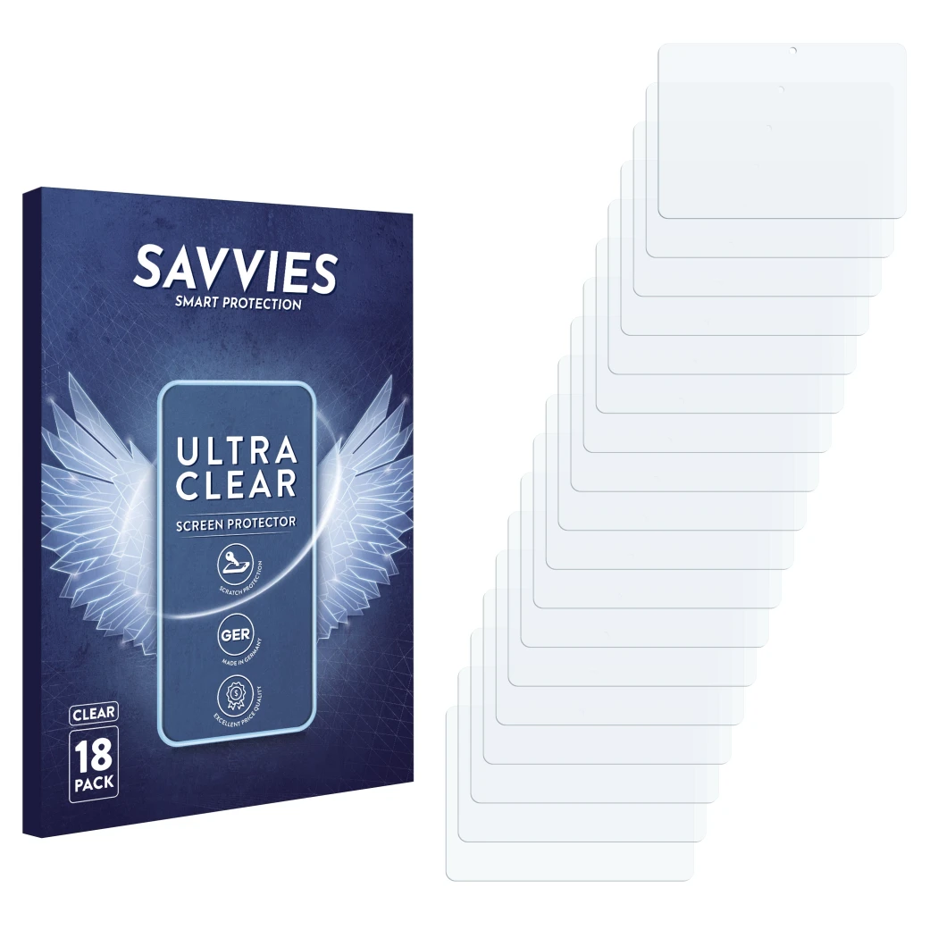 Parte frontal de un envase de producto con el logotipo de la marca Savvies. Al lado está el protector de pantalla correspondie