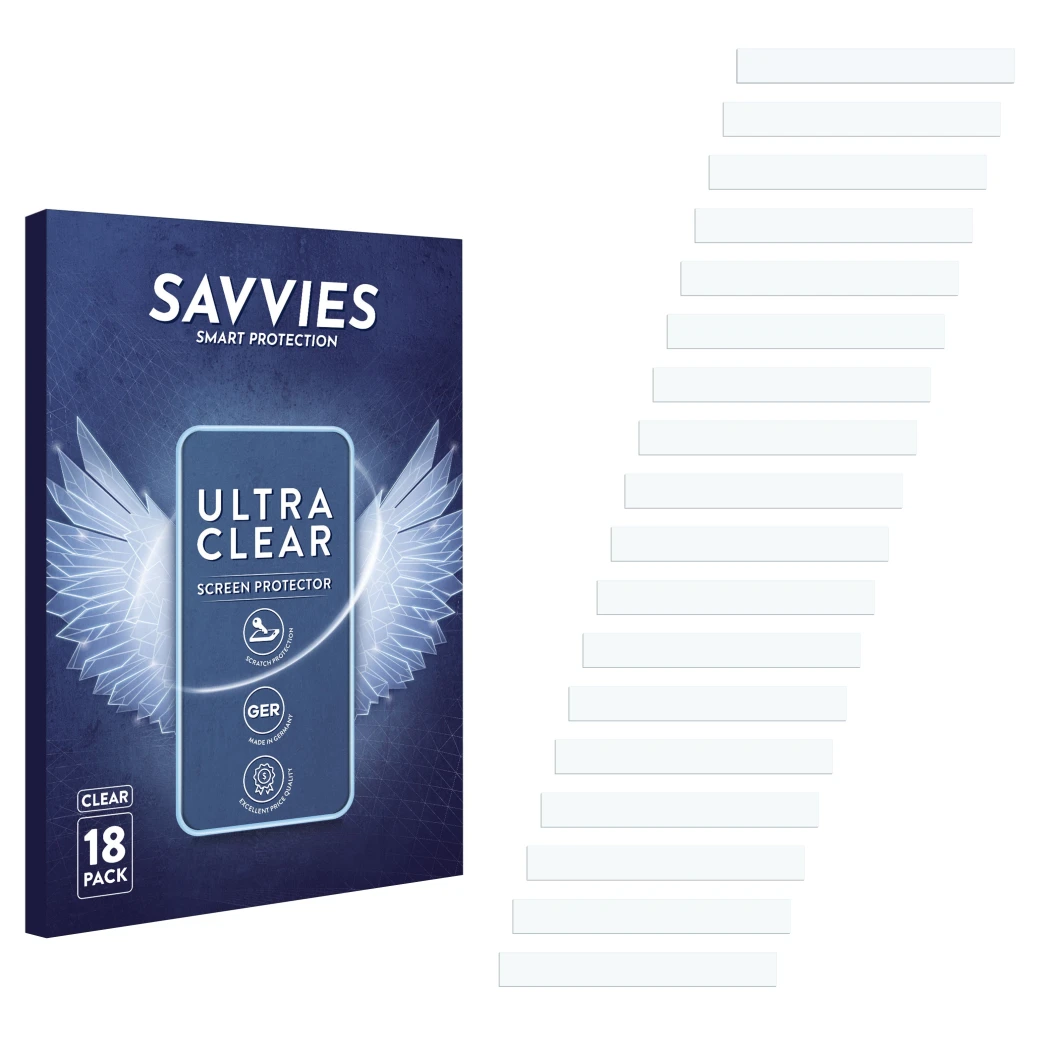 Parte frontal de un envase de producto con el logotipo de la marca Savvies. Al lado está el protector de pantalla correspondie
