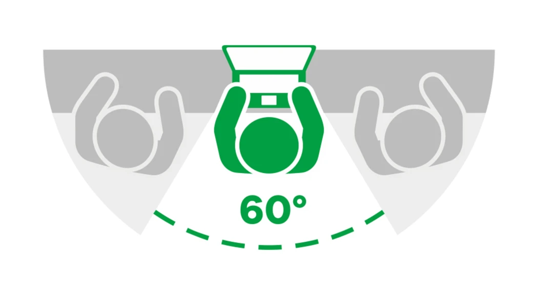 Imagen simbólica con dispositivo y filtro de privacidad: zona visible de 60°, 30° bloqueados a cada lado.