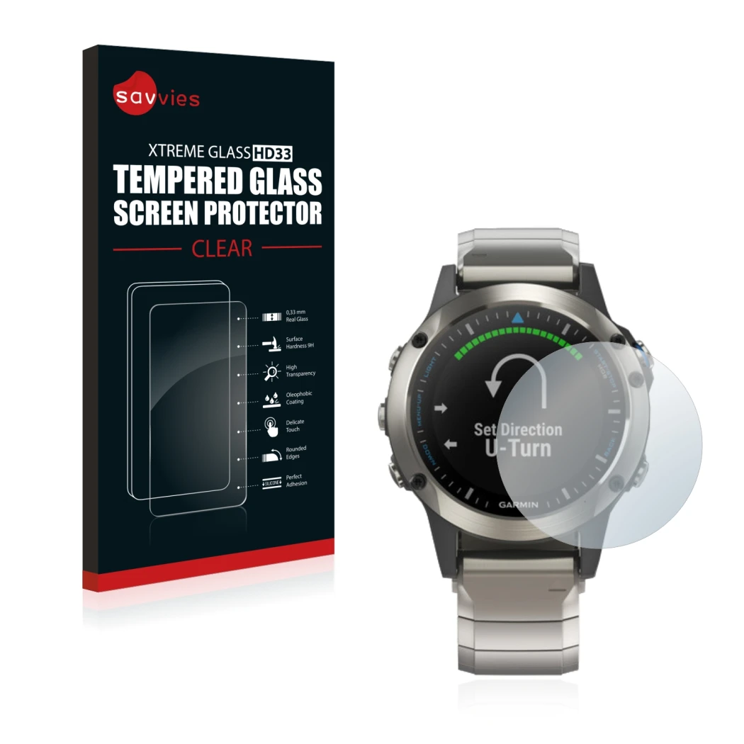 Parte frontal de un envase de producto con el logotipo de la marca Savvies. Al lado se muestra el dispositivo Garmin quatix 5 