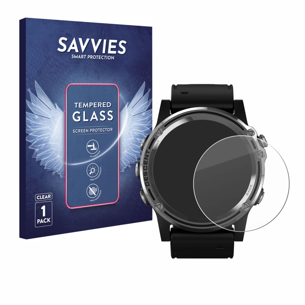 Parte frontal de un envase de producto con el logotipo de la marca Savvies. Al lado se muestra el dispositivo Garmin Descent M