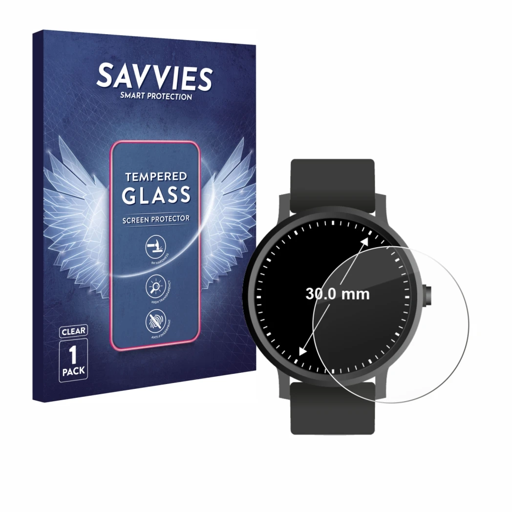 Parte frontal de un envase de producto con el logotipo de la marca Savvies. Al lado se muestra el dispositivo Circular Display